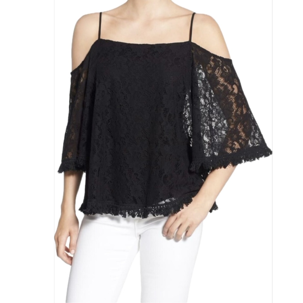 Bailey 44 Tusk Lace Off-Shoulder Top Black Fringe Bell Sleeve Medium NWT
